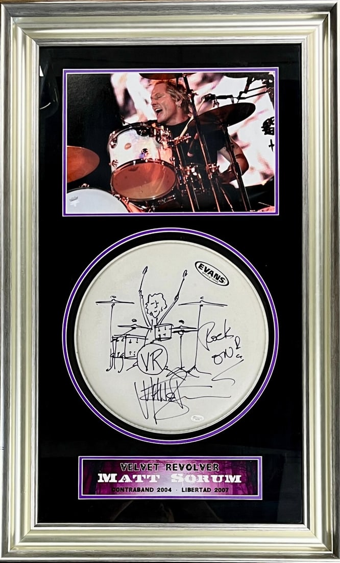 Matt Sorum Signed Framed Drum Head Display JSA Authenticated: Matt Sorum Signed Framed Drum Head Display JSA Authenticated This impressive framed display features a 15" drum head signed by Matt Sorum, the renowned drummer from Guns N' Roses and Velvet Revolver. 