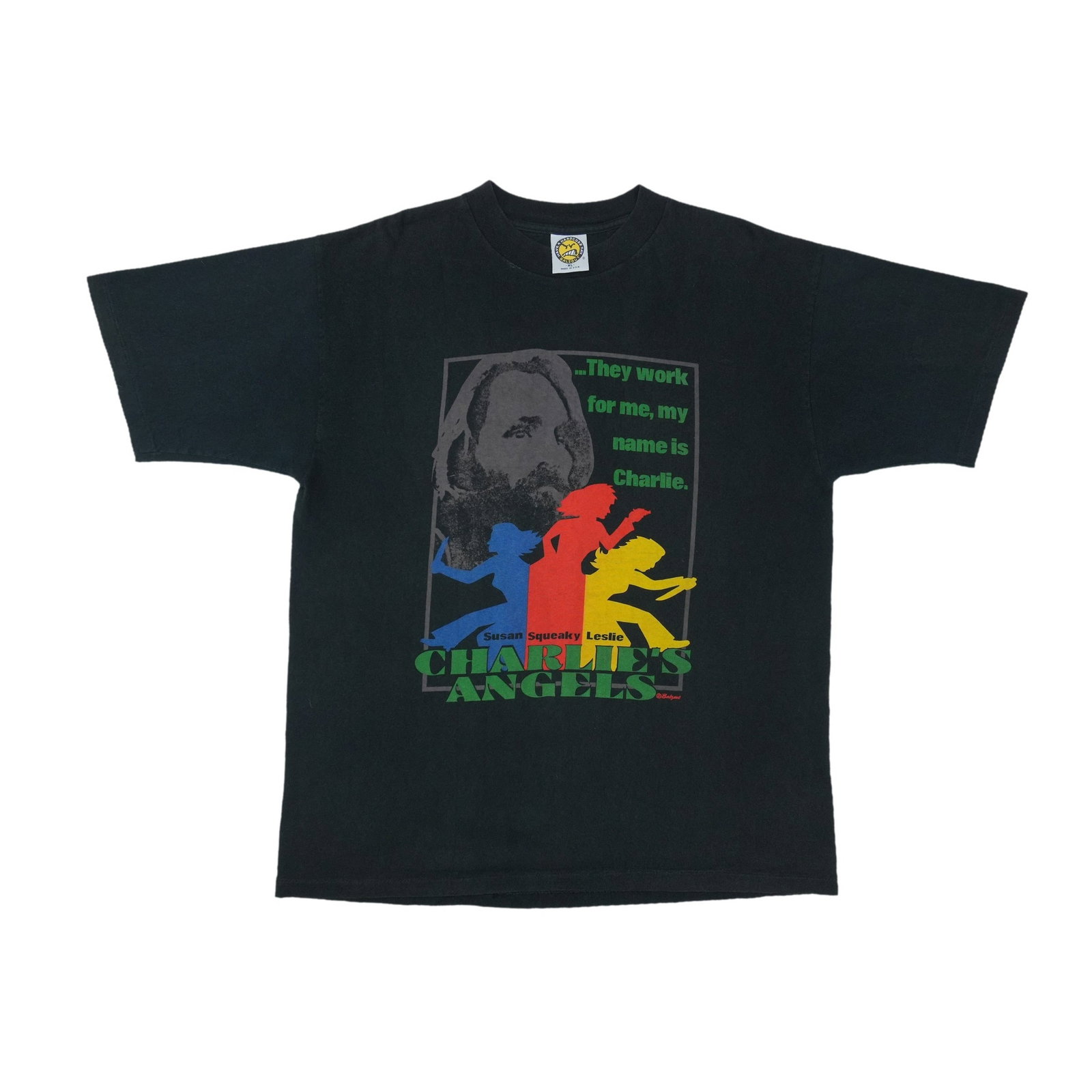 Vintage 1990s Charlie's Angels Manson Parody Black Cotton T Shirt: Vintage 1990s Charlie's Angels Manson Parody Black Cotton T Shirt Original vintage 1990s Charlie's Angels Manson Parody Shirt. This is a true vintage shirt, not a modern reproduction. The shirt is in 