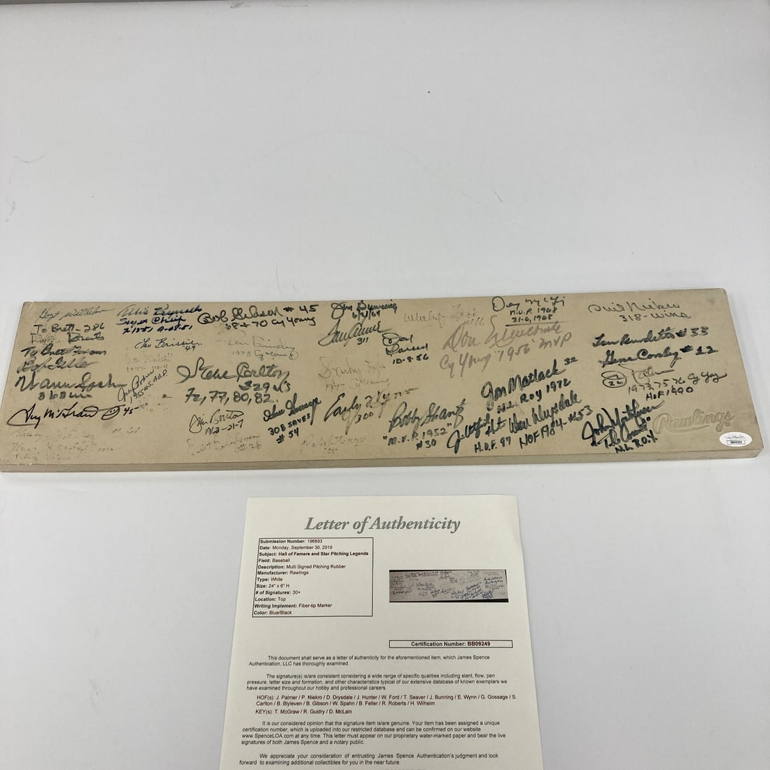 Multi Signed Hall Of Fame Pitching Rubber 30+ Sigs JSA COA Tom Seaver: Multi Signed Hall Of Fame Pitching Rubber 30+ Sigs JSA COA Tom Seaver This remarkable baseball collectible features a multi-signed pitching rubber, autographed by over 30 Hall of Fame and star pitcher