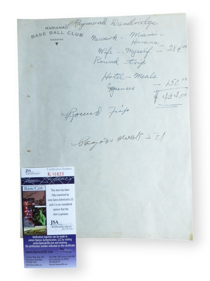 JSA Authenticated Ray Dandridge Newark Eagles Expense Report (1 of 1)