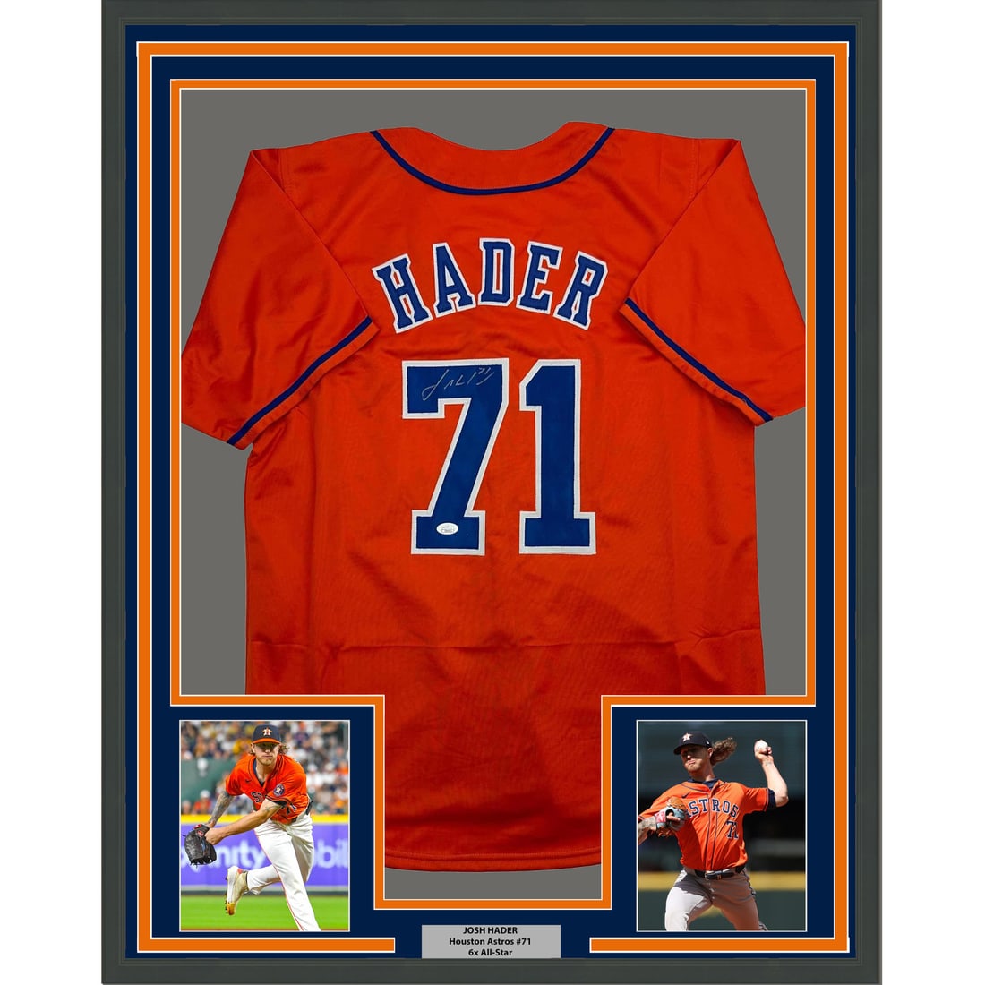 Josh Hader Houston Astros Signed Jersey 35x39 Framed with JSA Authentication: Josh Hader Houston Astros Signed Jersey 35x39 Framed with JSA Authentication This is a professionally framed and matted Houston Astros orange baseball jersey autographed by Josh Hader. The display inc