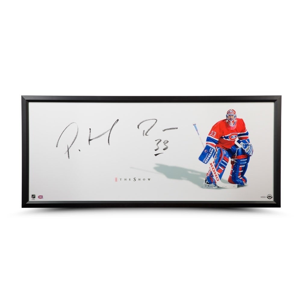 Patrick Roy Autographed 20x46 Framed Photo Montreal Canadiens Upper Deck: Patrick Roy Autographed 20x46 Framed Photo Montreal Canadiens Upper Deck This stunning 46" x 20" framed photo features the iconic Patrick Roy, a legendary player of the Montreal Canadiens. The photo i