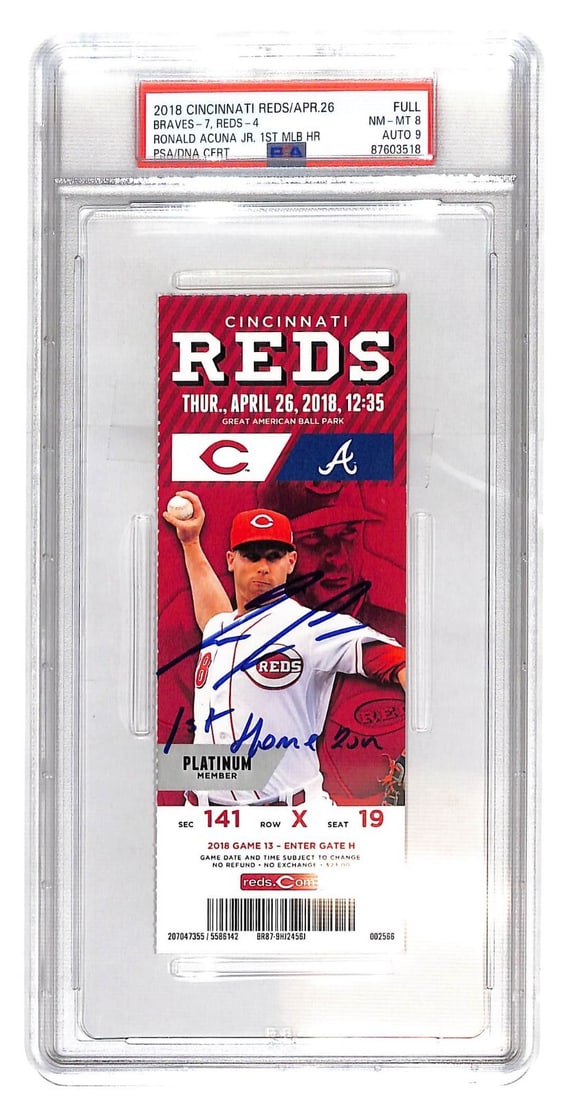 Ronald Acuna Jr. Autographed 2018 1st Home Run Ticket PSA 8 Auto 10: Ronald Acuna Jr. Autographed 2018 1st Home Run Ticket PSA 8 Auto 10 Own a piece of baseball history with this autographed ticket stub from Ronald Acuna Jr.'s 2018 first home run. This original ticket,