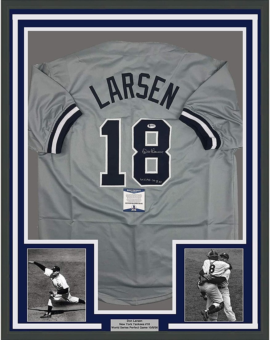 Don Larsen signed framed Yankees jersey 33x42 Beckett COA: Don Larsen signed framed Yankees jersey 33x42 Beckett COA This framed display features a New York Yankees grey jersey autographed and inscribed by Don Larsen. The jersey is professionally framed and m
