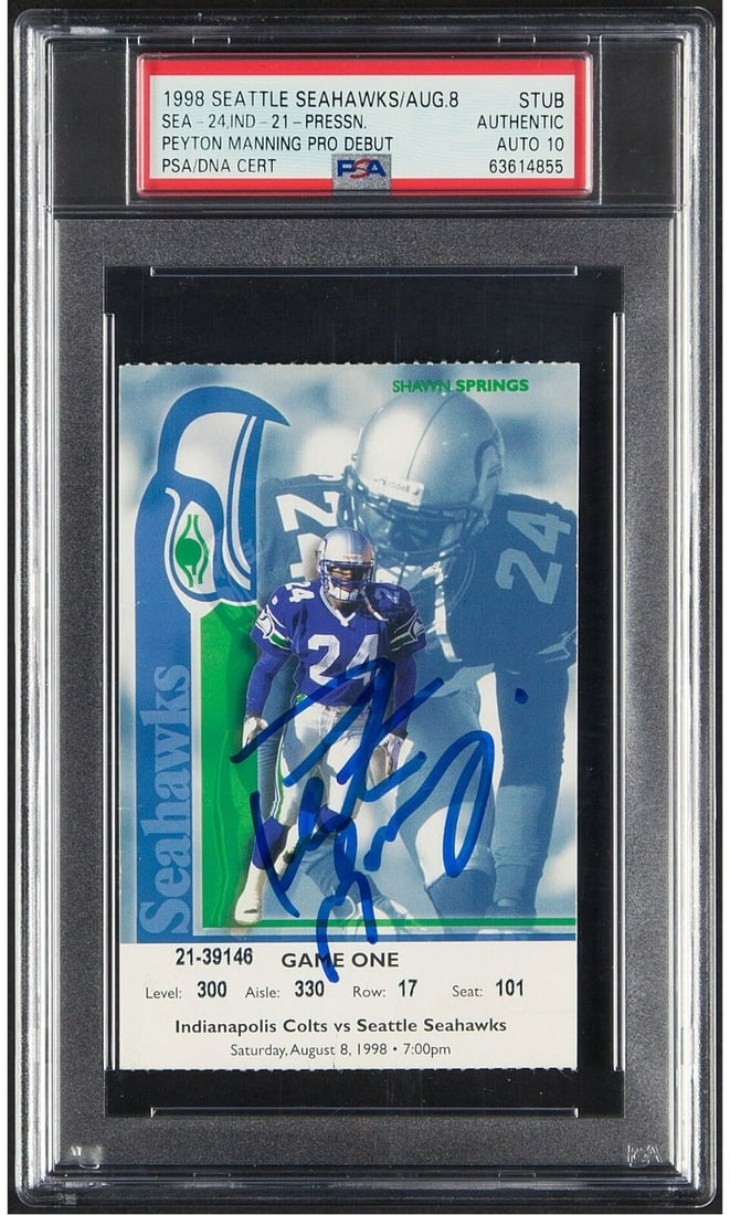 Peyton Manning Signed 1998 NFL Pro Debut Ticket PSA/DNA 10: Peyton Manning Signed 1998 NFL Pro Debut Ticket PSA/DNA 10 Celebrate the legacy of NFL quarterback Peyton Manning with this signed Pro Debut ticket stub from August 8, 1998. This authentic piece showc