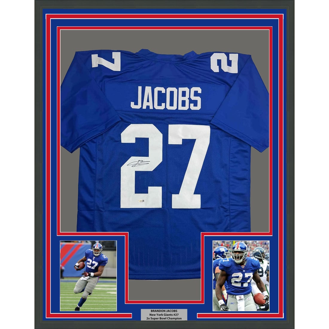 Brandon Jacobs Signed Giants Jersey Display 35x39 Framed Beckett Authenticated: Brandon Jacobs Signed Giants Jersey Display 35x39 Framed Beckett Authenticated This framed display features a blue New York Giants jersey autographed by Brandon Jacobs. The jersey is professionally ma