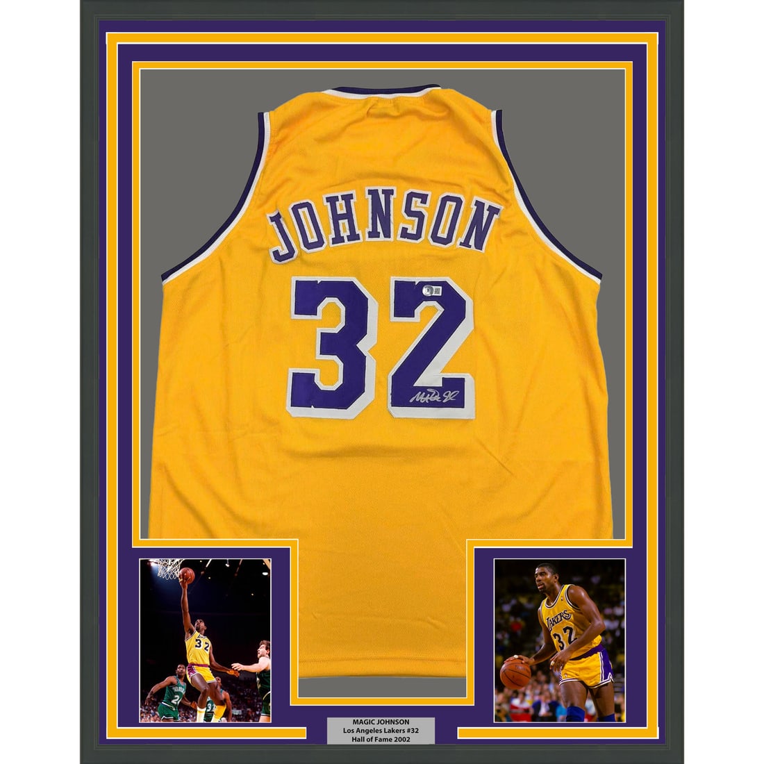 Magic Johnson Signed Lakers Jersey Framed 35x39 With Beckett COA: Magic Johnson Signed Lakers Jersey Framed 35x39 With Beckett COA This professionally framed display features an autographed Earvin "Magic" Johnson Los Angeles Lakers yellow jersey. The jersey is authe