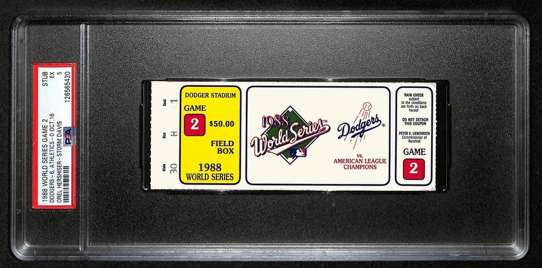 1988 World Series Game 2 Ticket Stub Dodgers vs A's PSA EX 5: 1988 World Series Game 2 Ticket Stub Dodgers vs A's PSA EX 5 Celebrate the excitement of baseball history with this original 1988 World Series Game 2 ticket stub featuring the Los Angeles Dodgers vs. 