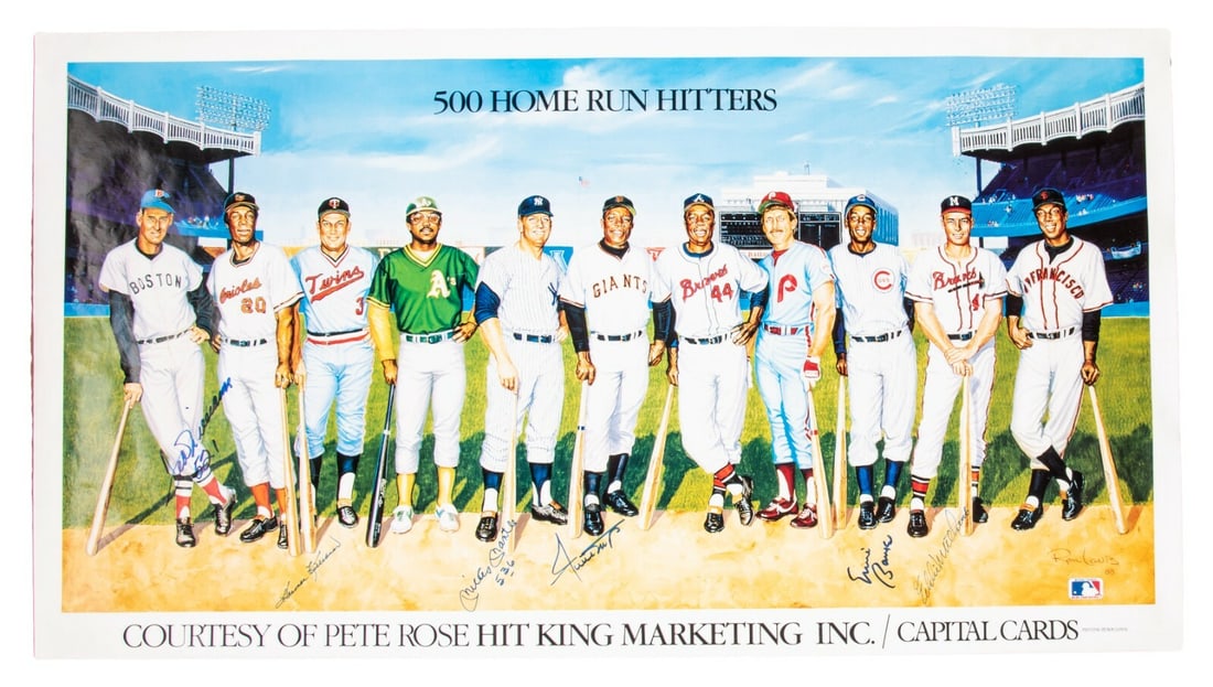 Mickey Mantle Ted Williams Willie Mays Signed 500 Home Run Club Lithograph JSA COA: Mickey Mantle Ted Williams Willie Mays Signed 500 Home Run Club Lithograph JSA COA This remarkable lithograph poster celebrates the legendary "500 Home Run Club" and features iconic signatures from si