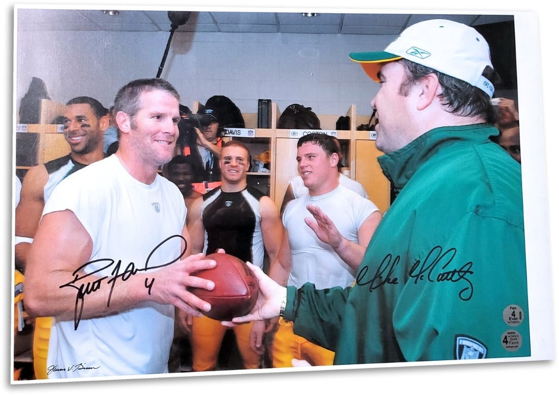 Green Bay Packers 16X20 Autographed Photo Brett Favre Mike McCarthy Athlete Hologram: Green Bay Packers 16X20 Autographed Photo Brett Favre Mike McCarthy Athlete Hologram This is an original 16x20 photo autographed by Brett Favre and Mike McCarthy of the Green Bay Packers. The photo is