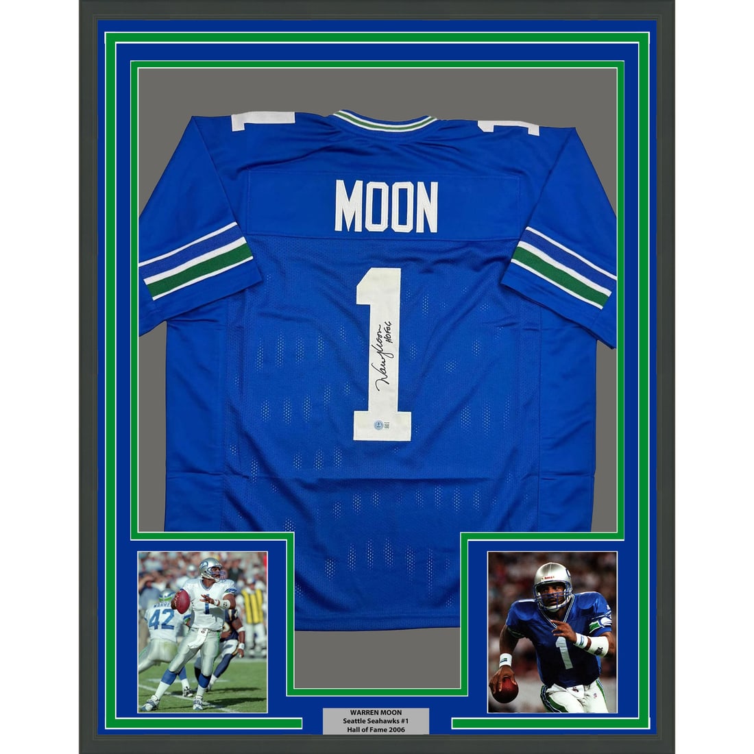 Warren Moon Signed Seattle Blue Jersey Framed 35x39 Beckett BAS COA: Warren Moon Signed Seattle Blue Jersey Framed 35x39 Beckett BAS COA This professionally framed and matted Seattle Seahawks jersey features the authentic signature of Warren Moon. The display includes 