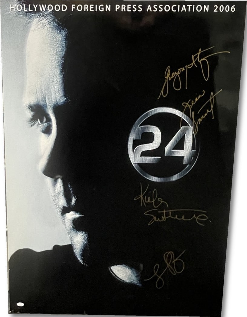 20x30 Matted Poster Signed by 24 Cast Sutherland Rajskub Smart JSA Authenticated: 20x30 Matted Poster Signed by 24 Cast Sutherland Rajskub Smart JSA Authenticated This is a 20x30 inch matted poster from the TV show "24," featuring authentic autographs from cast members Kiefer Suthe