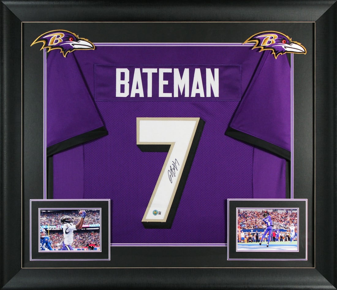 Framed Ravens jersey signed by Rashod Bateman Beckett witnessed: Framed Ravens jersey signed by Rashod Bateman Beckett witnessed This framed purple pro style jersey has been personally signed by Rashod Bateman of the Baltimore Ravens. The autograph is authenticated