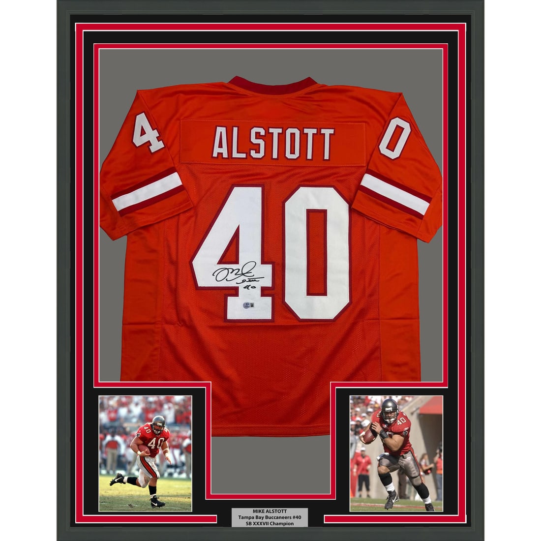 Mike Alstott Signed Tampa Bay Orange Jersey Framed 35x39 With Beckett COA: Mike Alstott Signed Tampa Bay Orange Jersey Framed 35x39 With Beckett COA This framed display features a signed Mike Alstott Tampa Bay Orange jersey, measuring 35x39 inches. The jersey is professional