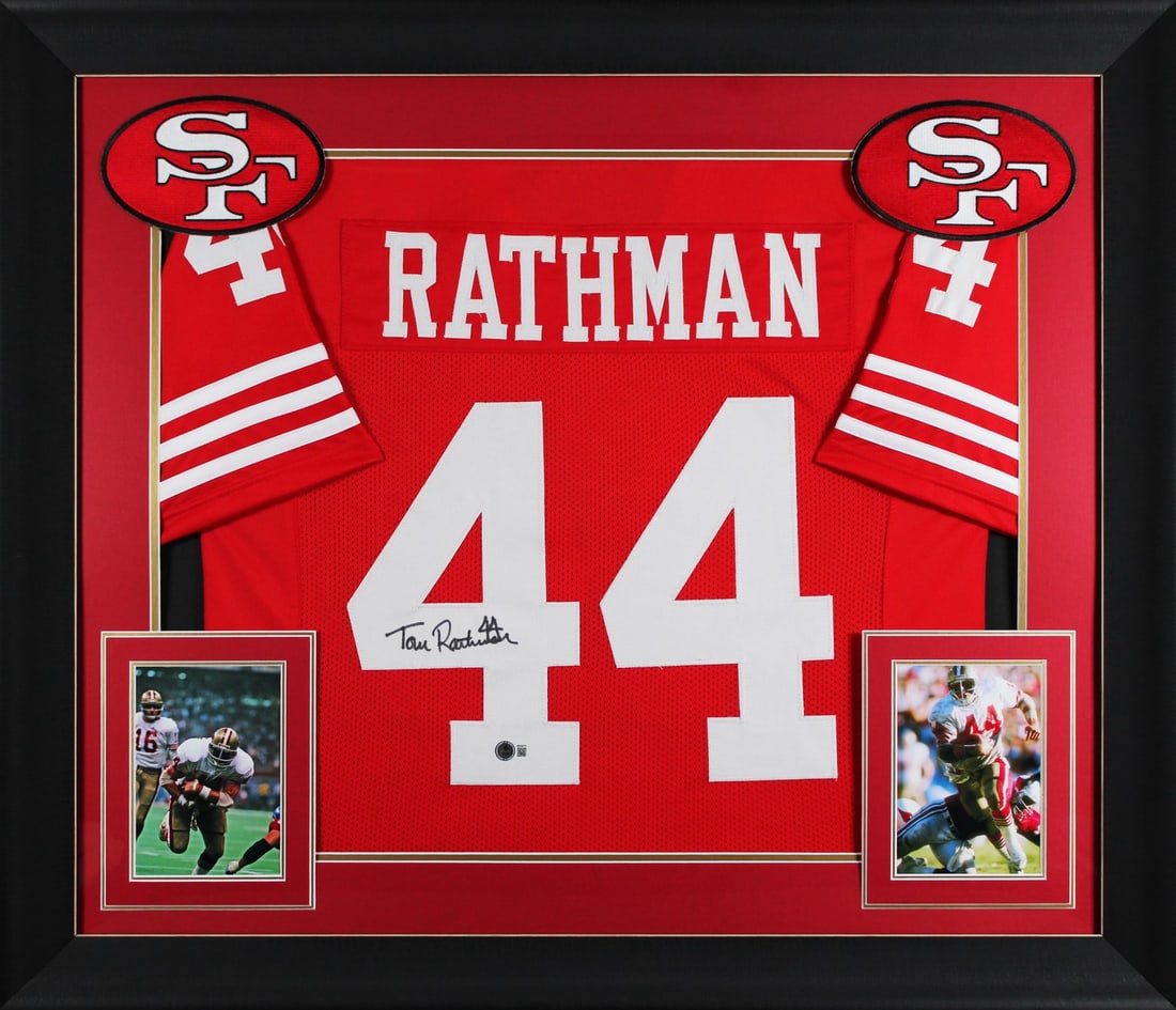 Tom Rathman Signed San Francisco 49ers Framed Jersey BAS Authenticated: Tom Rathman Signed San Francisco 49ers Framed Jersey BAS Authenticated This authentic autographed red pro-style framed jersey features the signature of Tom Rathman, a notable player from the San Franc