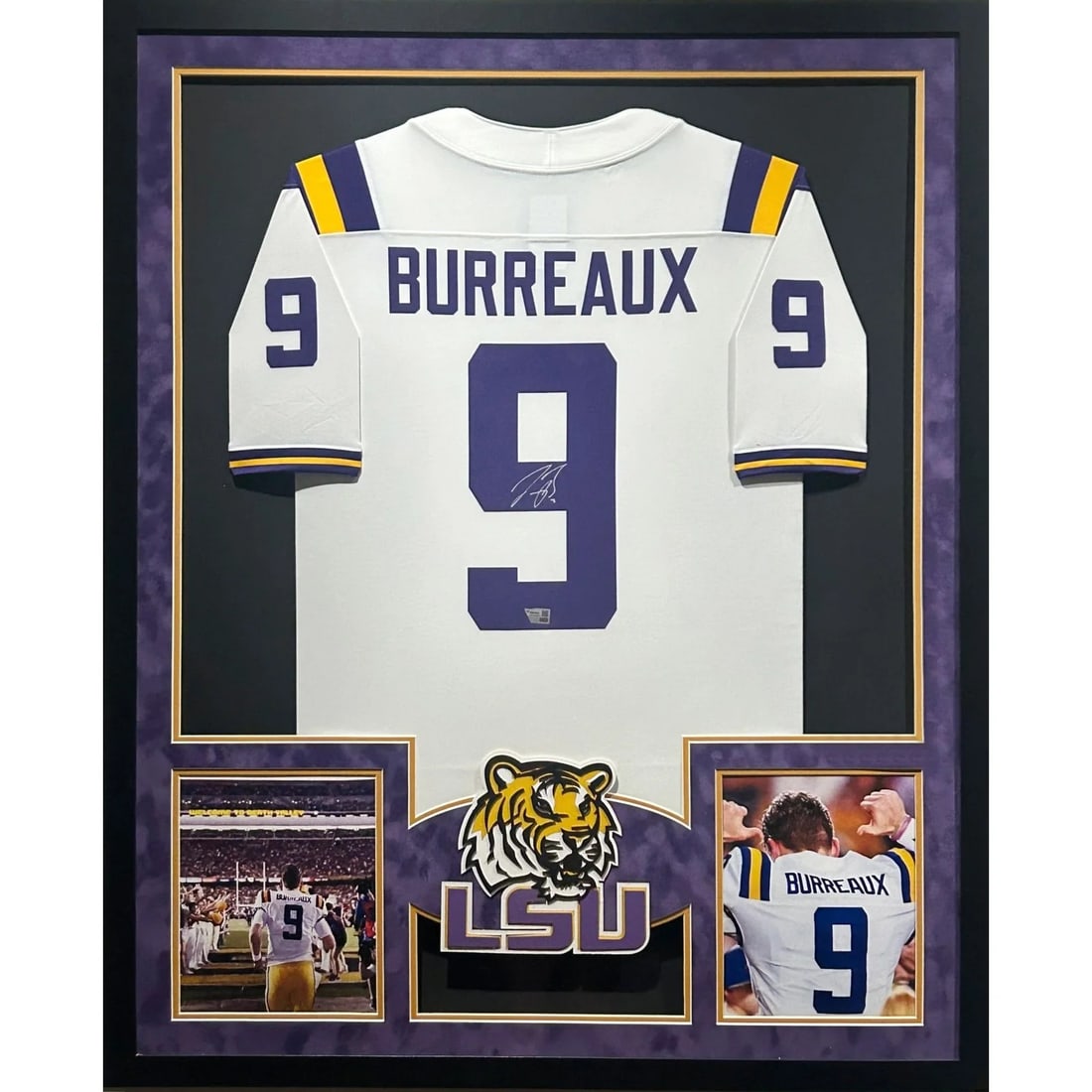 Framed LSU Tigers Jersey Signed by Joe Burrow with Fanatics Authentication: Framed LSU Tigers Jersey Signed by Joe Burrow with Fanatics Authentication This framed Joe Burrow autographed LSU Tigers jersey features a signature authenticated by Fanatics. The frame is crafted wit