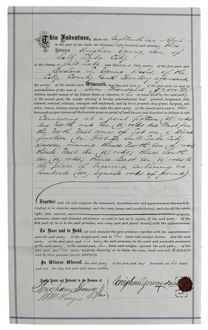 Brigham Young Signed 1873 Land Deed 7.5x14.5 with Beckett COA: Brigham Young Signed 1873 Land Deed 7.5x14.5 with Beckett COA This exceptional piece of history is an authentic signed land deed document dated July 29, 1873, personally signed by Brigham Young. Measu