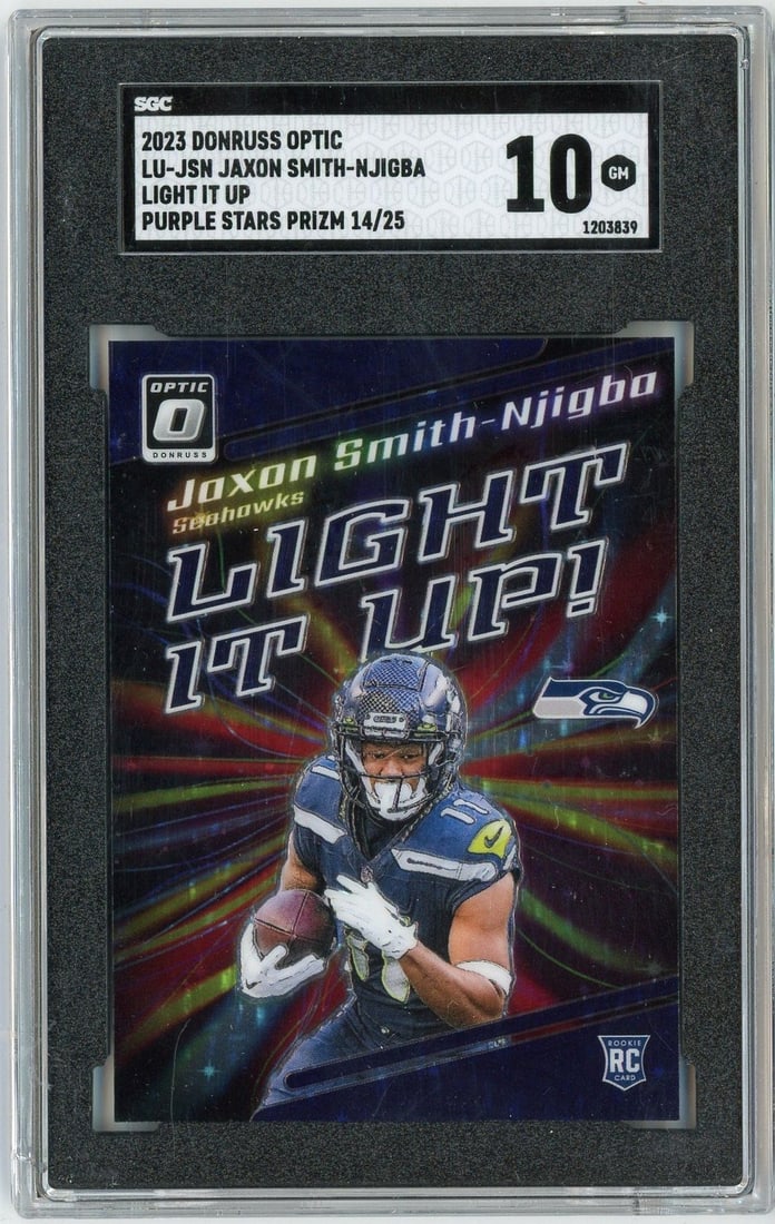 SGC 10 2023 Panini Optic Jaxon Smith Njigba Purple Stars Prizm RC LUJSN (1 of 2)