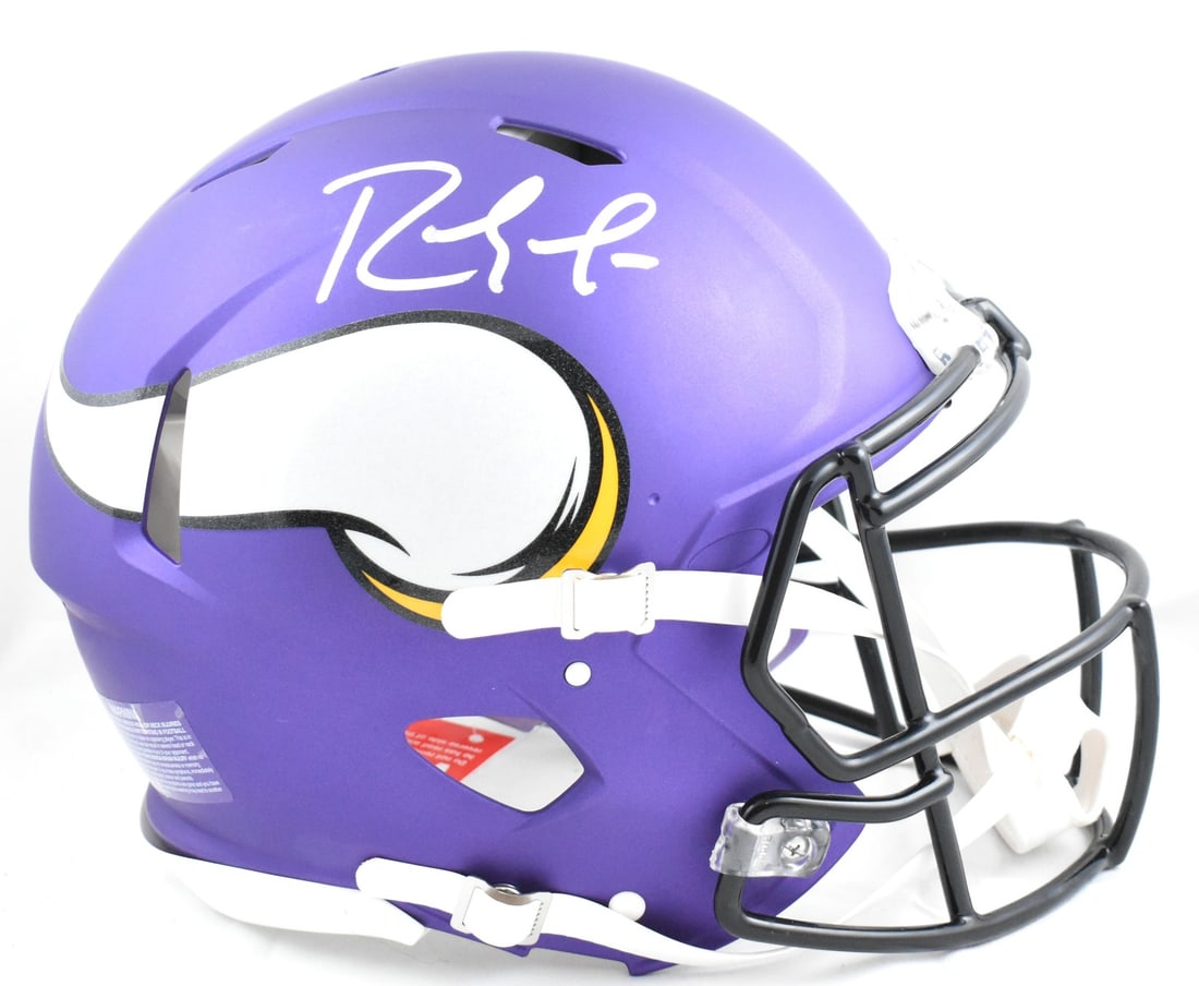 Minnesota Vikings Randy Moss signed authentic speed helmet Beckett hologram: Minnesota Vikings Randy Moss signed authentic speed helmet Beckett hologram This is a full-size Minnesota Vikings Speed Authentic helmet, autographed by Randy Moss. The helmet is an original item and 