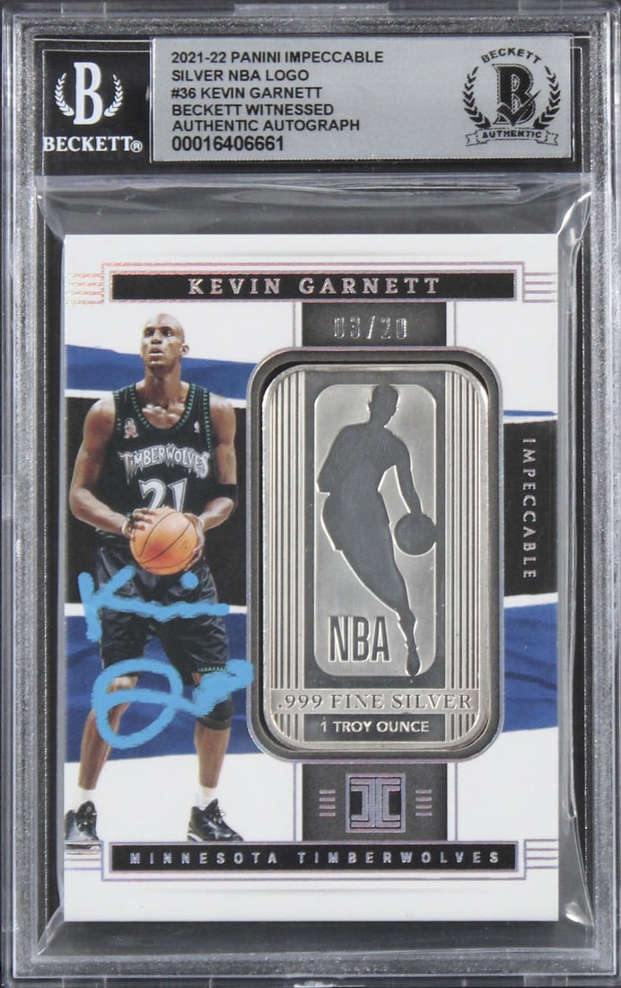 Kevin Garnett Signed 2021 Panini Impeccable NBA Logo #36 Gem Mint 10 Beckett Authenticated: Kevin Garnett Signed 2021 Panini Impeccable NBA Logo #36 Gem Mint 10 Beckett Authenticated This 2021 Panini Impeccable Silver NBA Logo #36 card, numbered 3/20, features the iconic autograph of NBA sta