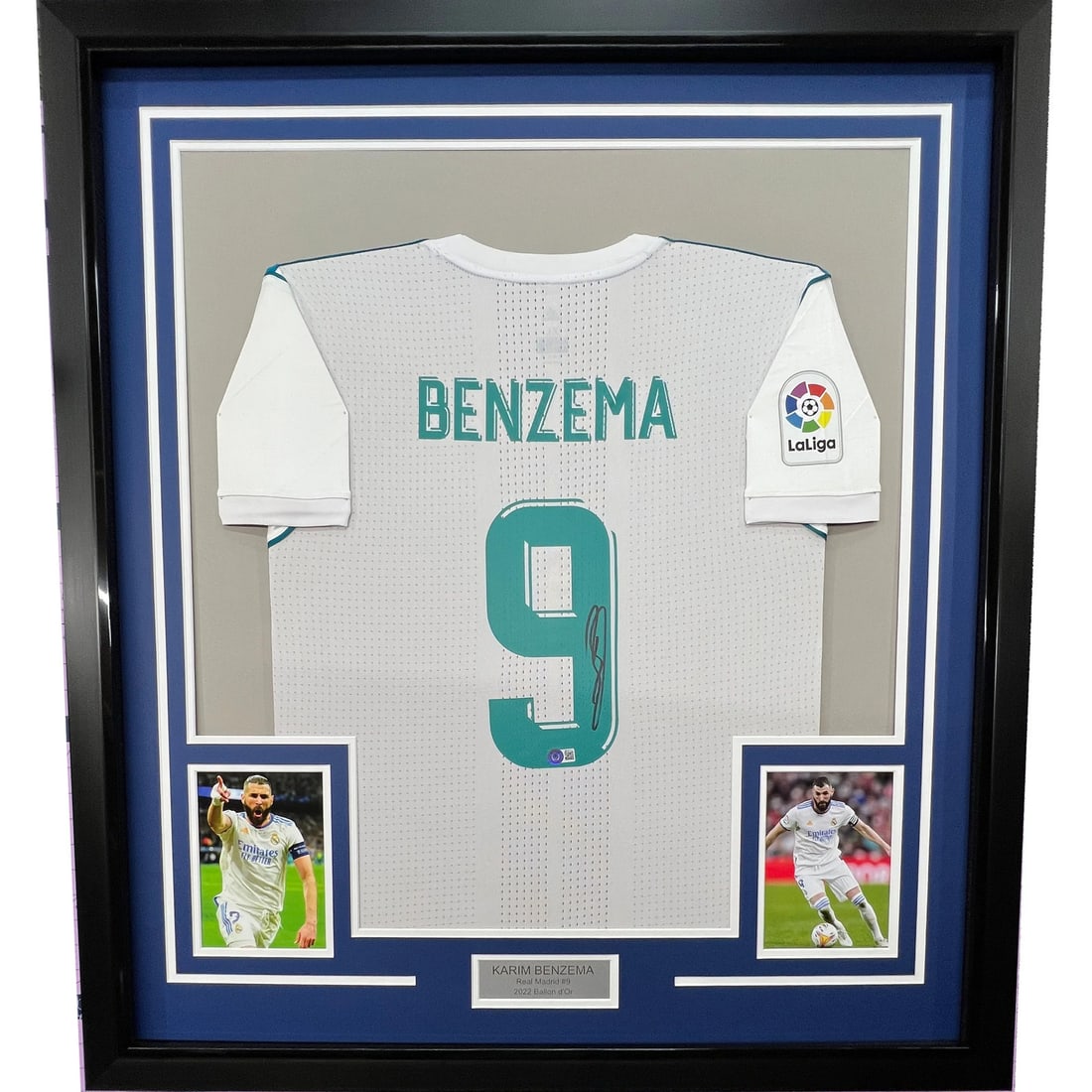 Framed Signed Karim Benzema 2017-18 White Jersey with BAS COA: Framed Signed Karim Benzema 2017-18 White Jersey with BAS COA Showcase your love for football with this professionally framed and autographed Karim Benzema jersey from the 2017-18 season. This origina