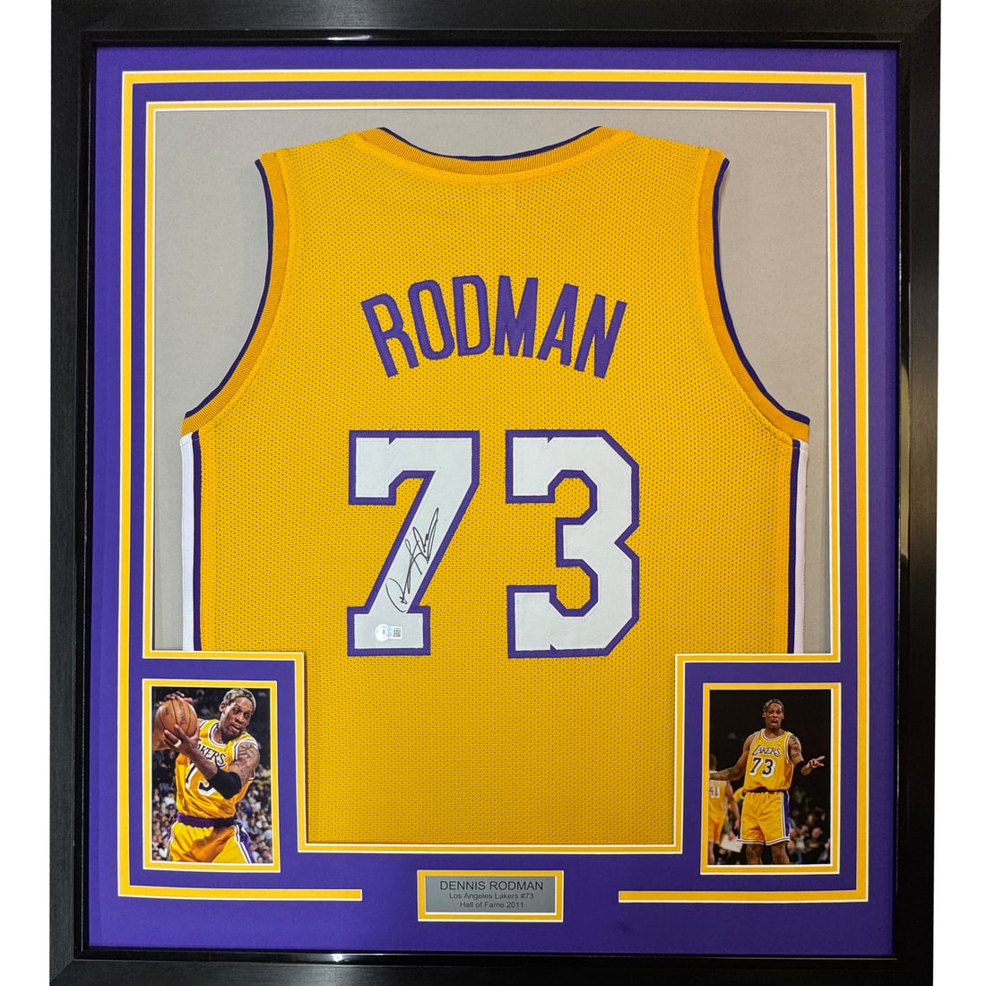 PSA COA Dennis Rodman signed Lakers jersey framed 35x39: PSA COA Dennis Rodman signed Lakers jersey framed 35x39 This professionally framed and matted display features a Los Angeles Lakers yellow jersey autographed by Dennis Rodman. The piece includes two 5