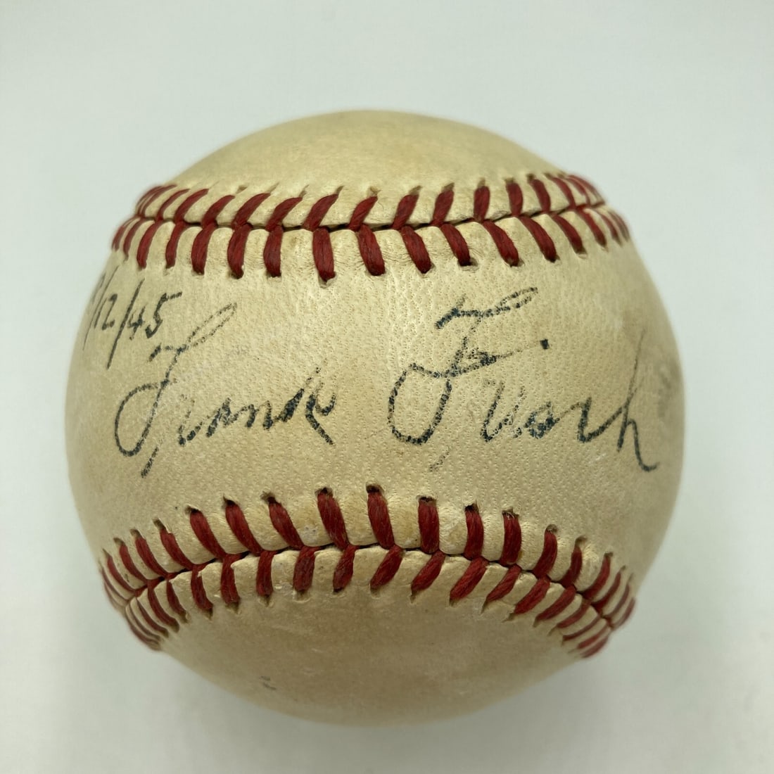 Frankie Frisch Signed Official National League Baseball Beckett COA Inscribed 8/12/45: Frankie Frisch Signed Official National League Baseball Beckett COA Inscribed 8/12/45 This item features an Official National League Ford C. Frick baseball, expertly signed in black ink by baseball le