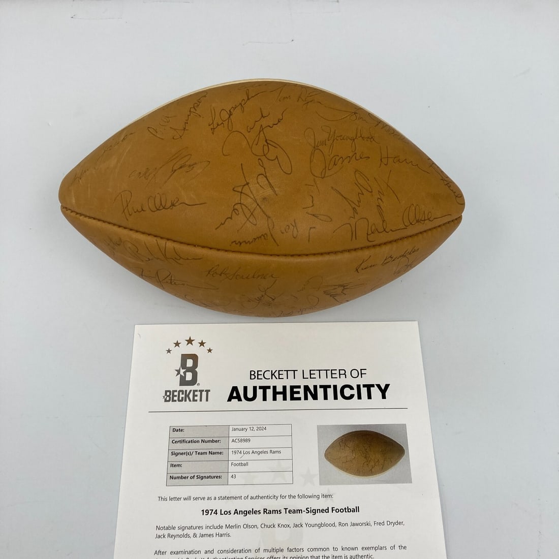 1974 Los Angeles Rams Team Signed Football with 43 Autographs Beckett COA: 1974 Los Angeles Rams Team Signed Football with 43 Autographs Beckett COA This 1974 Los Angeles Rams team signed football is a true collectible for any football enthusiast. Authentically signed by 43 