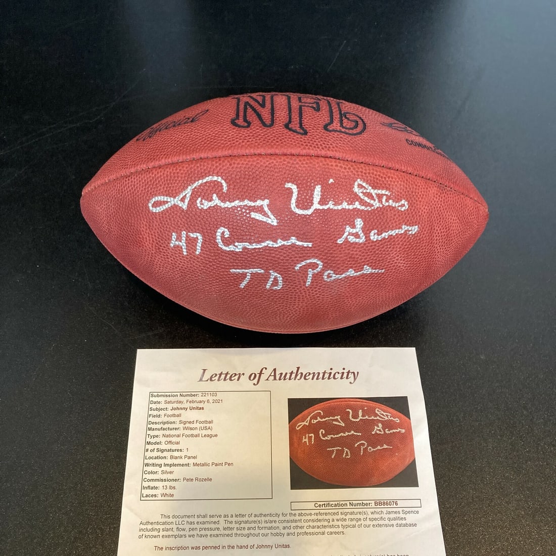 Signed Wilson NFL Game Football Johnny Unitas 47 TD Pass Streak JSA COA (1 of 7)