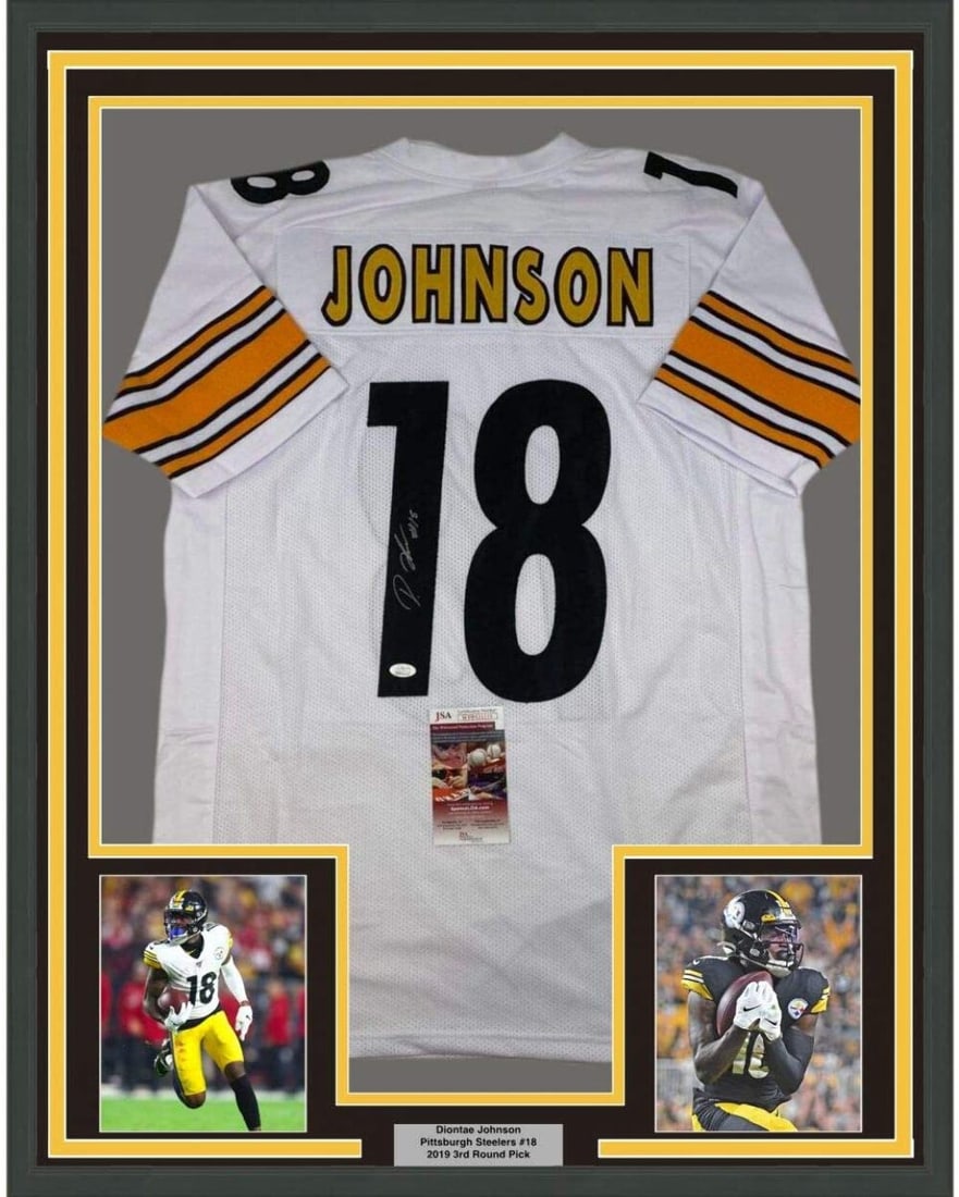 Framed Diontae Johnson Steelers signed jersey JSA COA 33x42: Framed Diontae Johnson Steelers signed jersey JSA COA 33x42 This professionally framed and matted Pittsburgh Steelers white jersey is autographed by Diontae Johnson. The display includes two 8x10 phot