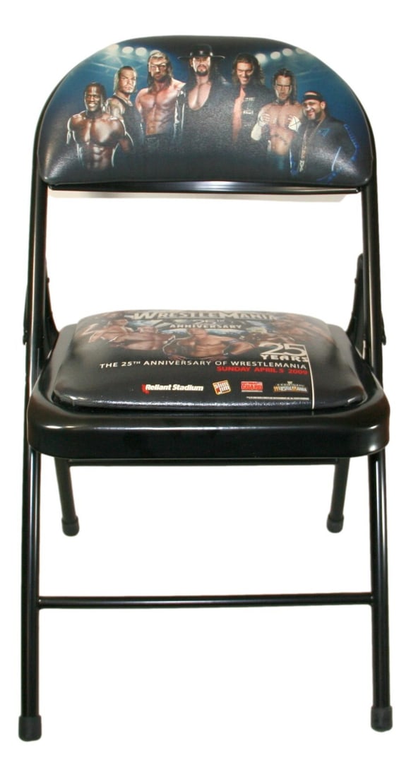 WWE Wrestlemania 25 Ringside Folding Chair Black: WWE Wrestlemania 25 Ringside Folding Chair Black Experience a piece of wrestling history with this officially licensed WWE Wrestlemania 25 ringside folding chair. This black chair, designed for wrestl
