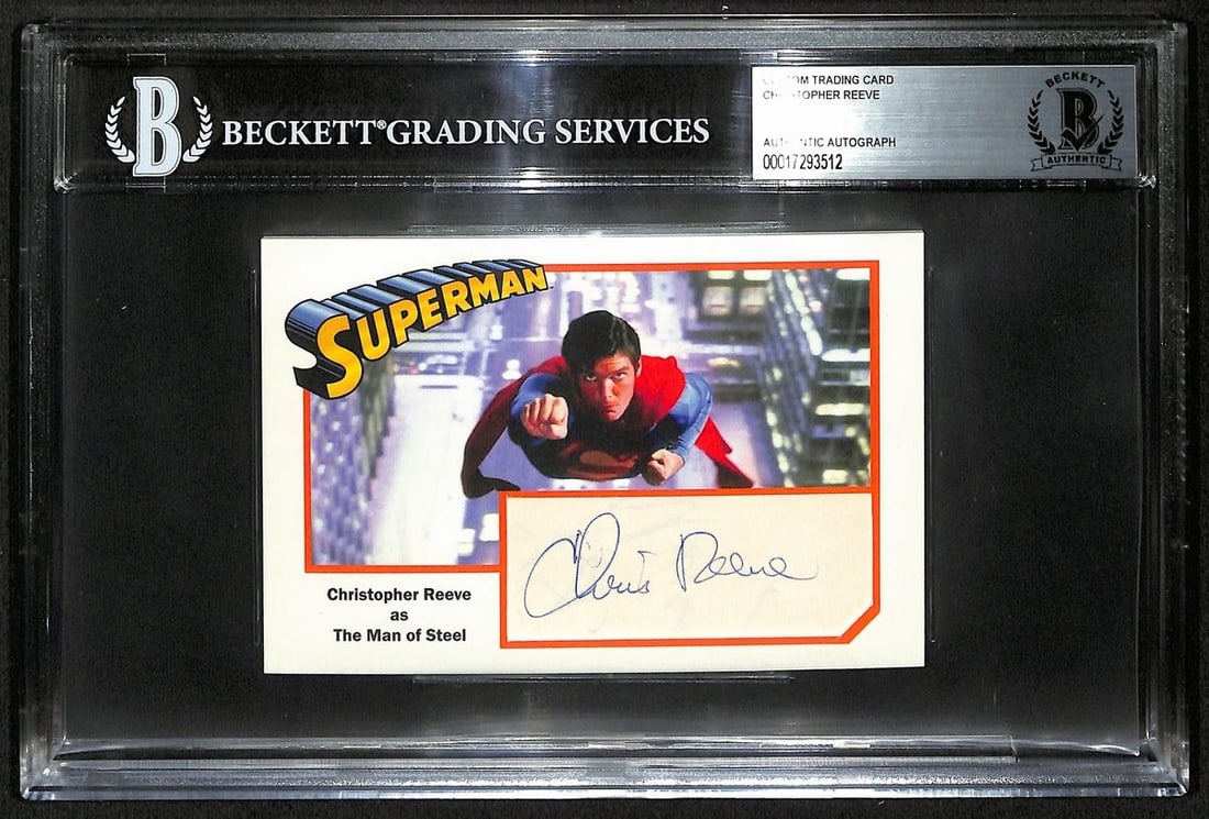 Signed Custom 3.5x5 Trading Card Christopher Reeve Superman Beckett Authenticated: Signed Custom 3.5x5 Trading Card Christopher Reeve Superman Beckett Authenticated This custom trading card features Christopher Reeve as Superman and is hand-signed by the actor. The autograph has bee