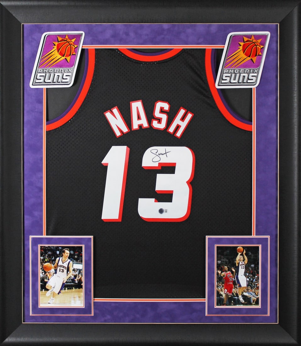 Steve Nash Signed Black Mitchell & Ness 1996-97 Jersey Framed BAS Witnessed: Steve Nash Signed Black Mitchell & Ness 1996-97 Jersey Framed BAS Witnessed This is an original, autographed black Mitchell & Ness 1996-97 Hardwood Classics Swingman jersey, personally signed by NBA l