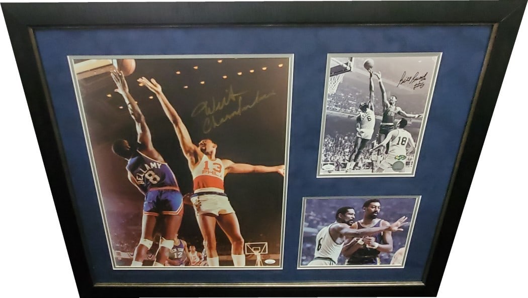 Framed Bill Russell 8x10 Photo with Wilt Chamberlain 16x20 JSA: Framed Bill Russell 8x10 Photo with Wilt Chamberlain 16x20 JSA This framed display features an autographed 8x10 photo of Bill Russell alongside a 16x20 photo of Wilt Chamberlain. The piece is custom f