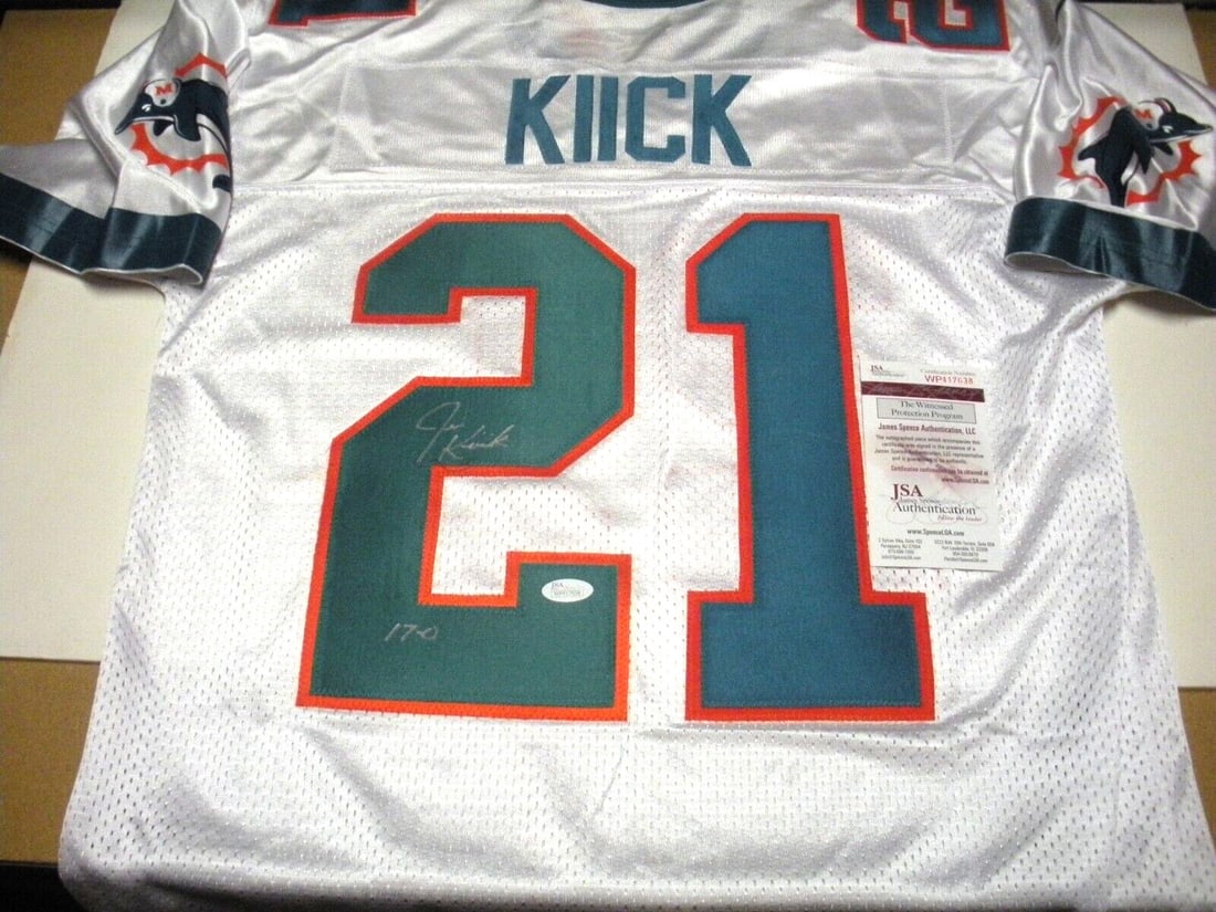 Signed Jim Kiick Nike Jersey Miami Dolphins 17-0 JSA COA: Signed Jim Kiick Nike Jersey Miami Dolphins 17-0 JSA COA This official licensed Nike jersey features the signature of Jim Kiick, a key player from the Miami Dolphins' historic 17-0 season. The jersey 