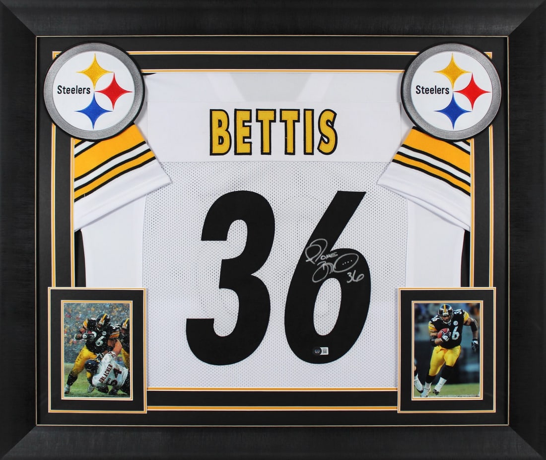 Framed White Pro Style Jersey Signed by Jerome Bettis Beckett Witnessed: Framed White Pro Style Jersey Signed by Jerome Bettis Beckett Witnessed Autographed white pro style framed jersey personally signed by Jerome Bettis of the Pittsburgh Steelers. The item is an original