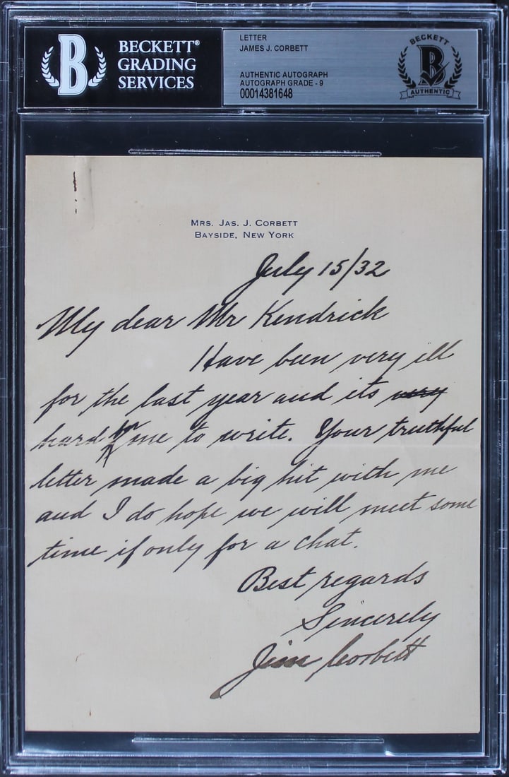James J Corbett Signed 1932 Handwritten Letter Mint 9 Beckett Slabbed (1 of 2)
