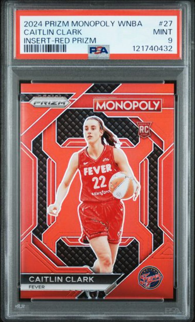 2024 Panini Prizm Monopoly Caitlin Clark #27 /99 Red Rookie RC PSA 9: 2024 Panini Prizm Monopoly Caitlin Clark #27 /99 Red Rookie RC PSA 9 This is a graded 2024 Panini Prizm Monopoly Caitlin Clark #27 /99 Red Rookie RC Card, certified with a PSA grade of 9. The card fea