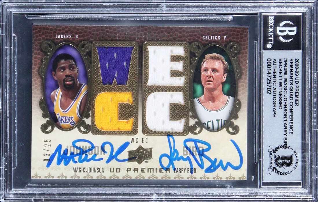 2008 Upper Deck Premier Remnants Card Signed by Magic Johnson and Larry Bird BAS 10: 2008 Upper Deck Premier Remnants Card Signed by Magic Johnson and Larry Bird BAS 10 This is a 2008 Upper Deck Premier Remnants Quad Conference #PR4ML card, serial numbered 3/25, personally signed by M