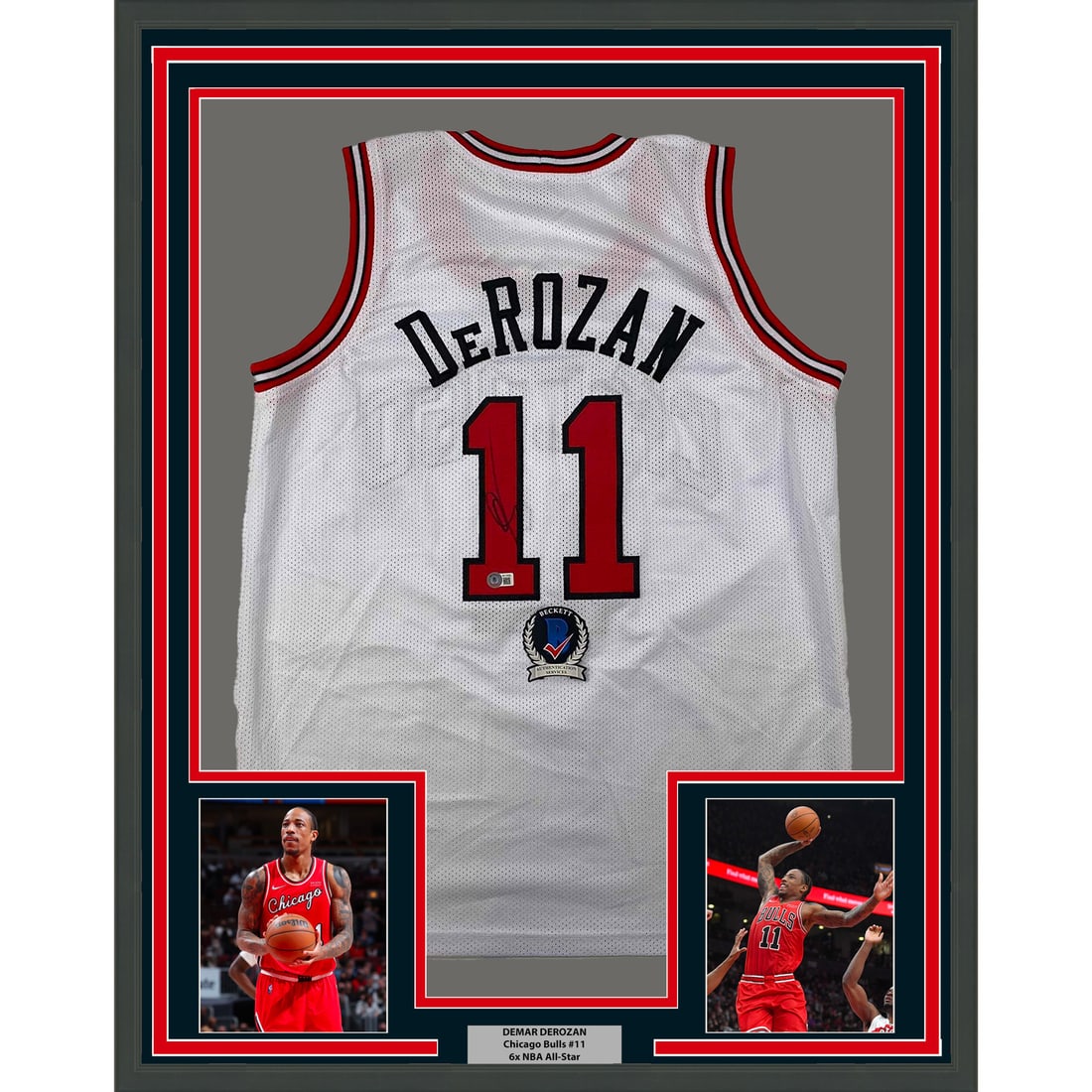 DeMar DeRozan signed Chicago Bulls white jersey BAS COA framed display: DeMar DeRozan signed Chicago Bulls white jersey BAS COA framed display This professionally framed and matted display features a Chicago Bulls white jersey autographed by DeMar DeRozan. The piece inclu