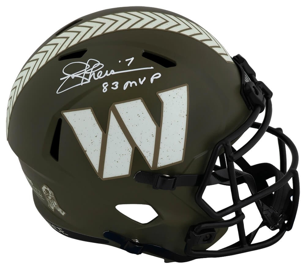 Joe Theismann Signed Commanders Salute to Service Helmet with '83 MVP Inscription: Joe Theismann Signed Commanders Salute to Service Helmet with '83 MVP Inscription This is a signed full-size replica helmet of Joe Theismann from the Washington Commanders, featuring the 'Salute to Se