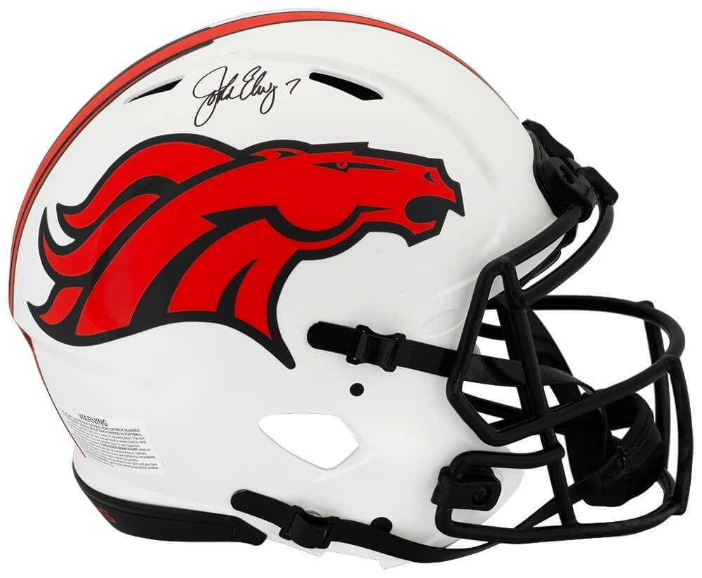 Autographed Denver Broncos Lunar Speed Helmet by John Elway with COA: Autographed Denver Broncos Lunar Speed Helmet by John Elway with COA This Denver Broncos Lunar Riddell full size ProLine authentic speed helmet is personally signed by John Elway. The helmet includes 