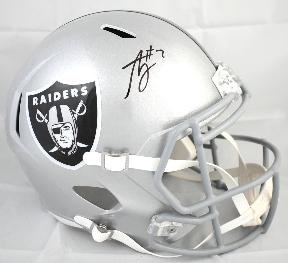 Las Vegas Raiders full size Speed helmet Ashton Jeanty Beckett hologram autograph: Las Vegas Raiders full size Speed helmet Ashton Jeanty Beckett hologram autograph This pre-owned Las Vegas Raiders full-size Speed helmet features the autograph of Ashton Jeanty. The helmet is an orig