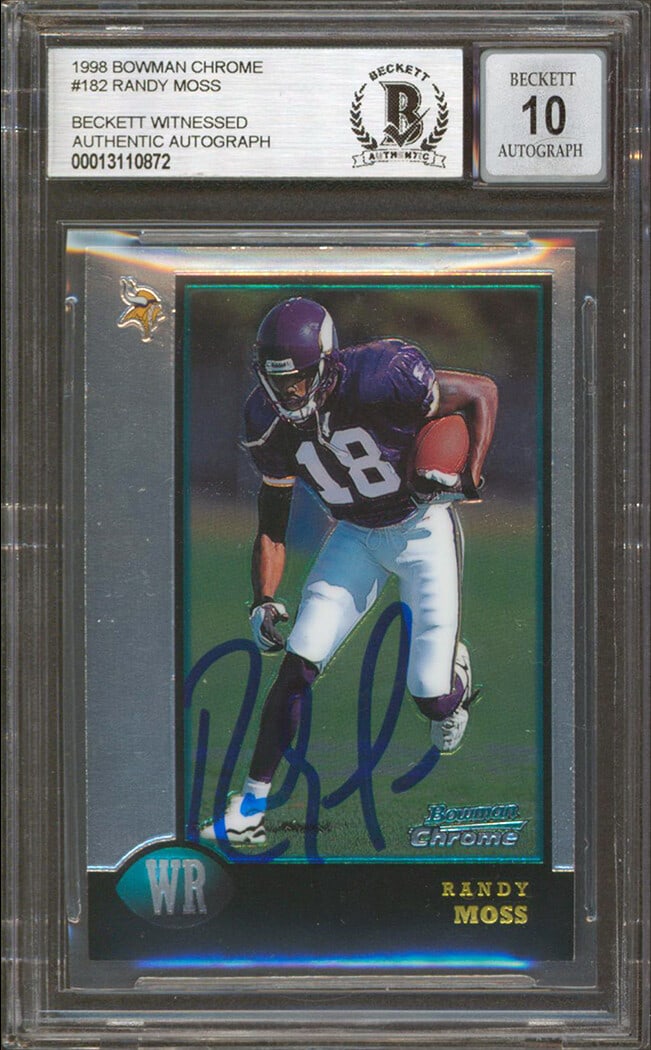 Randy Moss Autographed 1998 Bowman Chrome RC #182 Gem Mint 10 BAS Slabbed: Randy Moss Autographed 1998 Bowman Chrome RC #182 Gem Mint 10 BAS Slabbed This stunning 1998 Bowman Chrome #182 Rookie Card, graded Gem Mint 10, showcases a bold autograph from Randy Moss, the legenda