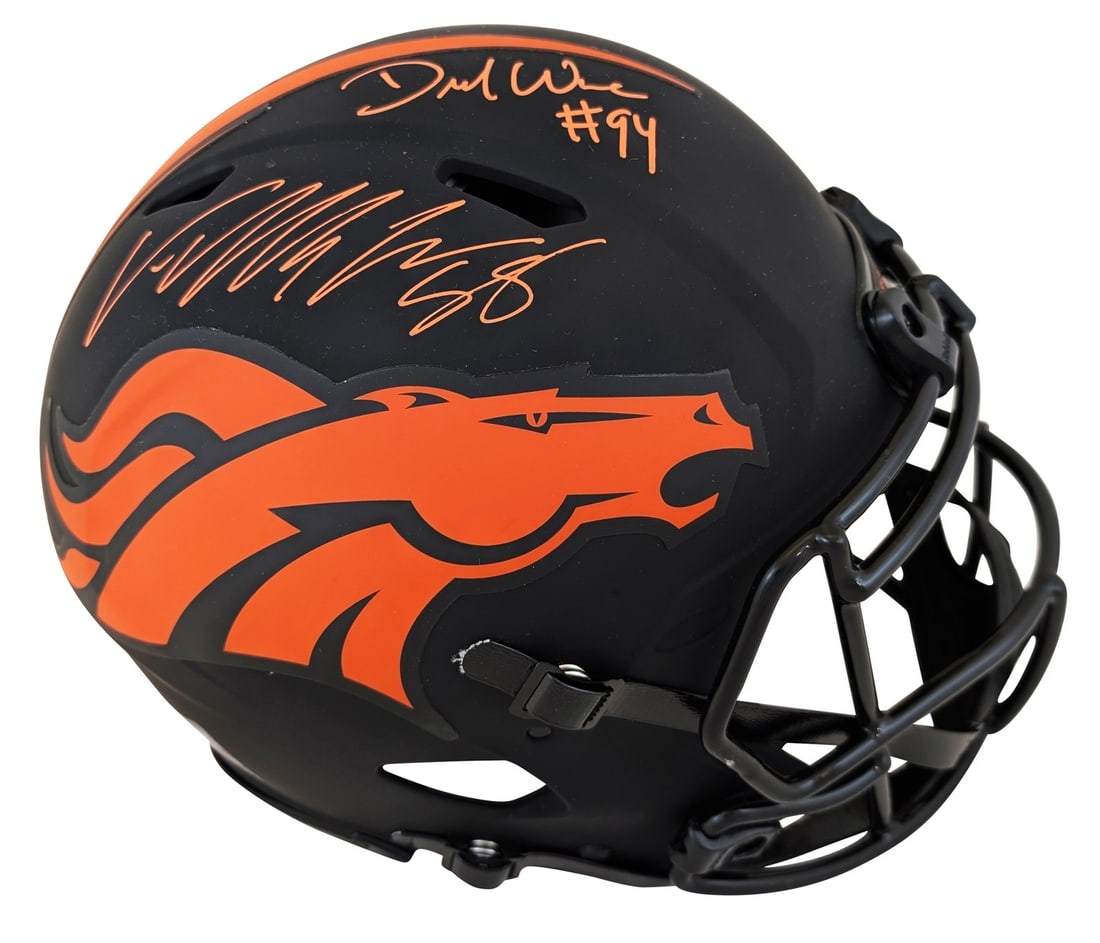 DeMarcus Ware Von Miller Signed Denver Broncos Eclipse Helmet BAS Authenticated: DeMarcus Ware Von Miller Signed Denver Broncos Eclipse Helmet BAS Authenticated This Denver Broncos Eclipse Riddell Authentic Full Size Speed Proline Helmet features the autographs of DeMarcus Ware an