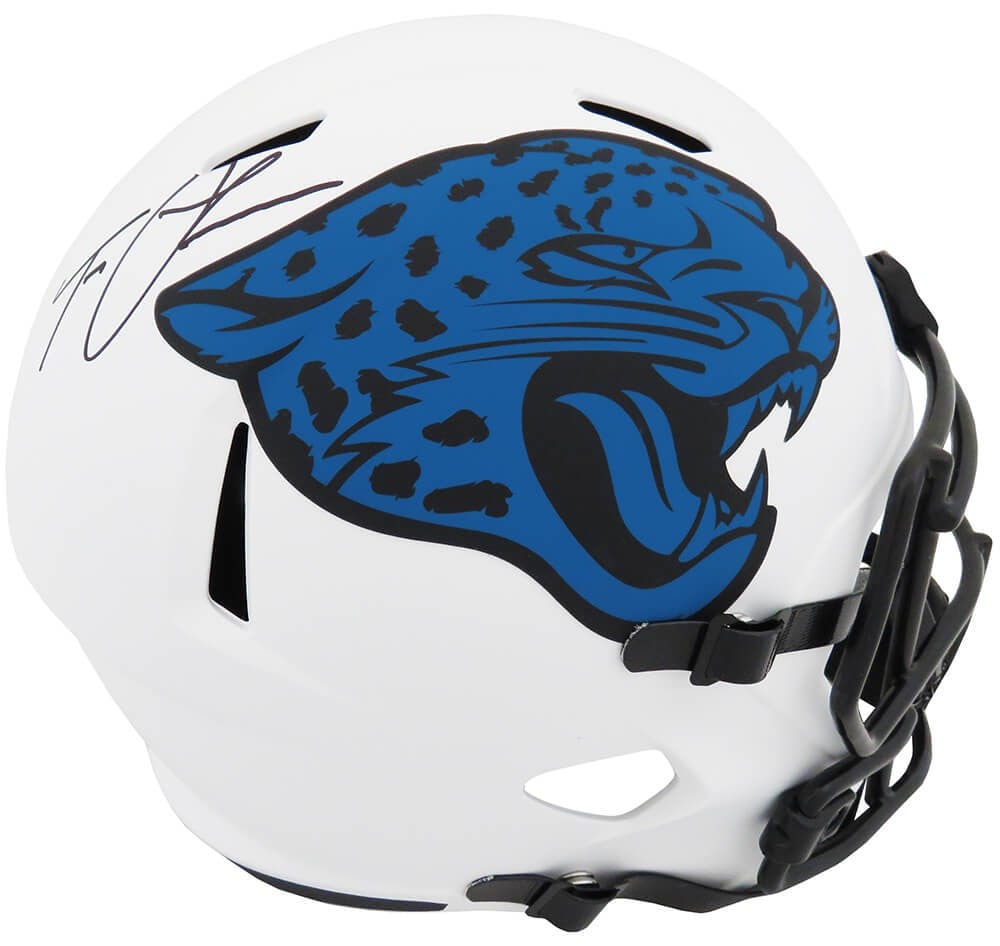 Trevor Lawrence Signed Jaguars Lunar Eclipse Full Size Helmet with COA: Trevor Lawrence Signed Jaguars Lunar Eclipse Full Size Helmet with COA This is a full-size speed replica helmet of Trevor Lawrence, signed by the star quarterback himself. The helmet features the icon