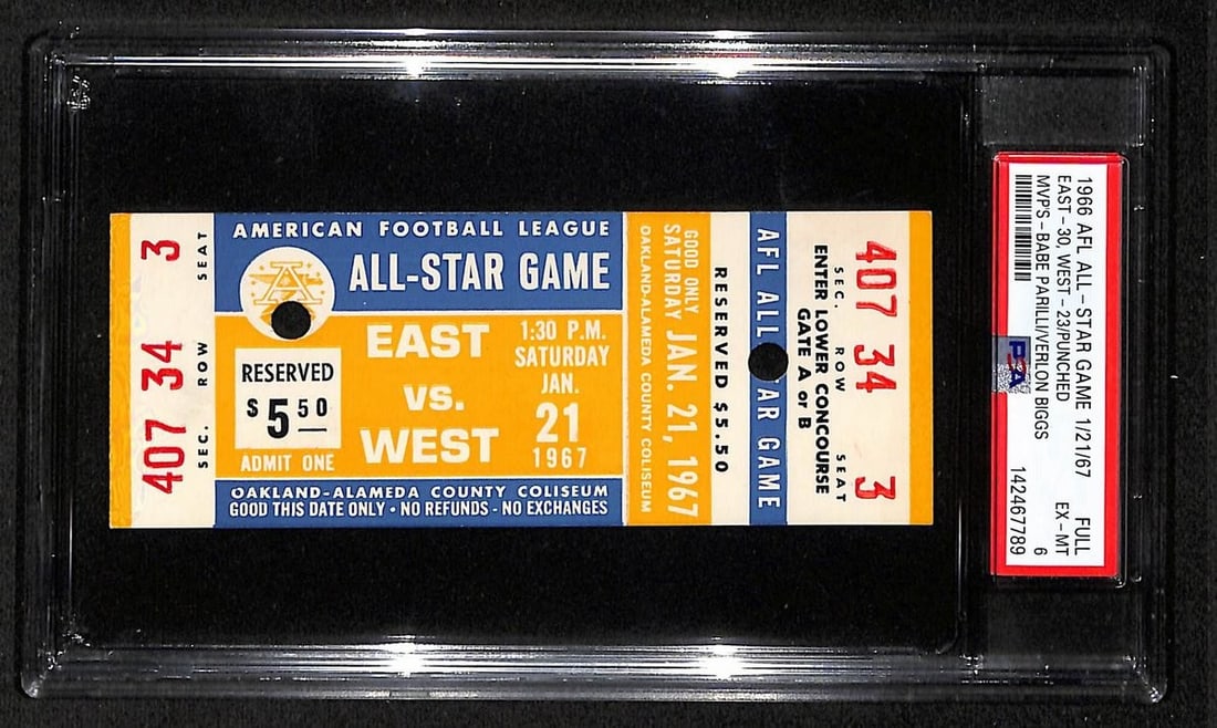 Full Ticket From 1966 AFL All Star Game East Versus West PSA DNA EX-MT 6: Full Ticket From 1966 AFL All Star Game East Versus West PSA DNA EX-MT 6 This is an original full ticket from the 1966 AFL All Star Game featuring the East vs. West teams. The ticket is authenticated 