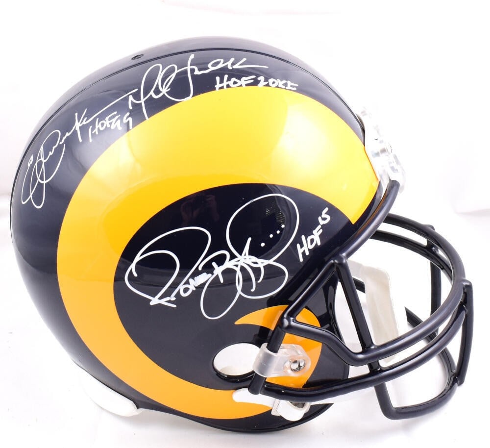 Los Angeles Rams replica helmet signed by Faulk Dickerson Bettis Beckett hologram: Los Angeles Rams replica helmet signed by Faulk Dickerson Bettis Beckett hologram This Los Angeles Rams full-size replica helmet is autographed by Eric Dickerson, Jerome Bettis, and Marshall Faulk. Th
