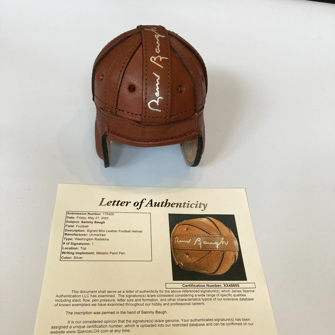 Sammy Baugh Signed Vintage Leather Mini Helmet with JSA COA: Sammy Baugh Signed Vintage Leather Mini Helmet with JSA COA This vintage leather mini helmet, signed by legendary football player Sammy Baugh, is a must-have for any sports memorabilia collector. Auth