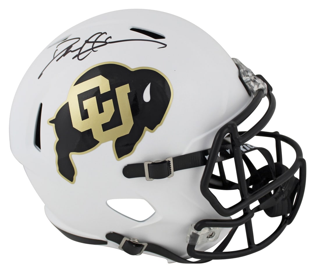 Deion Sanders Autographed Colorado Buffaloes Full Size Helmet BAS Witnessed: Deion Sanders Autographed Colorado Buffaloes Full Size Helmet BAS Witnessed This remarkable autographed alternate matte white full-size speed replica helmet has been personally signed by Deion Sanders